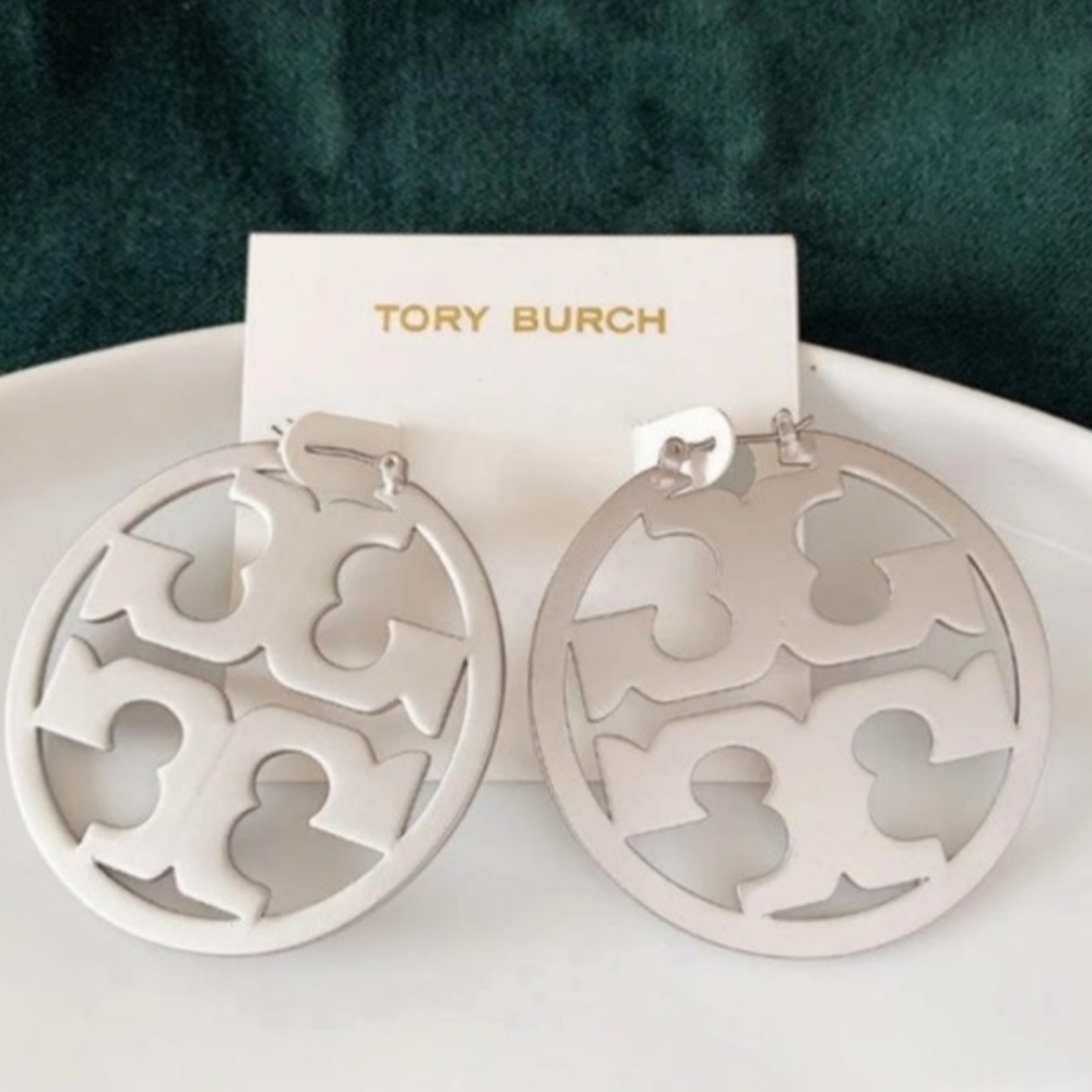 Tory Burch Silver Cutout Logo Earrings
